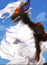 anonymous_artist anthro clothing digital_media_(artwork) dragon erection genitals hair hi_res male nipples nude sebastianthedragon simple_background smiling_dragon solo