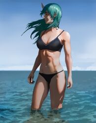 1girls abs arknights bare_arms bare_shoulders bikini black_bikini cleavage colored_nails female green_hair horn hoshiguma_(arknights) large_breasts light-skinned_female light_skin midriff nail_polish ocean outdoors outside pale_laomo partially_submerged solo standing stomach swimsuit thighs toned toned_female wading water