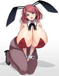 big_breasts blue_eyes bunny_ears bunny_girl bunnysuit cleavage detached_collar female female_only gigantic_breasts hanging_breasts high_heels huge_breasts kneeling looking_at_viewer masao massive_breasts medium_hair mole_under_eye neck_ribbon open_mouth original pantyhose pink_hair smile solo thick_thighs thunder_thighs wrist_cuffs