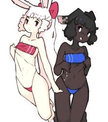 2girls anthro black_hair bow chocolate_truffle_(zako_sketch) clothed curly_hair dark-skinned_female dark_skin original purple_eyes rabbit_ears red_eyes red_velvet_(zako_sketch) swimsuit twin_drills twintails white_hair zako zako_sketch