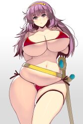 athena_asamiya belt big_breasts bikini cameltoe cleavage curvaceous curvy female female_only hairband huge_breasts king_of_fighters long_hair looking_at_viewer masao plump purple_hair red_bikini side-tie_bikini solo swimsuit sword thick_thighs thigh_strap thunder_thighs underboob voluptuous weapon wide_hips