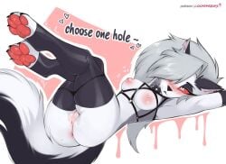 animal_ears anthro anus blush bondage_harness breasts english_text helluva_boss loona_(helluva_boss) loonanudes nude panties patreon_username presenting pussy spiked_collar tagme thigh_highs thighhighs werewolf