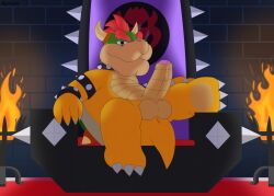 absurd_res anus balls bedroom_eyes big_penis bodily_fluids bowser brazier brick_wall chair claws collar cum digital_media_(artwork) erection feet fire foot_focus furniture genital_fluids genitals hair half-closed_eyes hi_res horn humanoid_genitalia humanoid_penis koopa leaking leaking_cum leaking_precum looking_at_viewer lounging male male_only mario_(series) narrowed_eyes nintendo penis precum presenting scalie seductive shell smile smoke smoke_from_nose soles solo spikes super_mario_bros. throne throne_room toe_claws varium video_games wall_(structure)