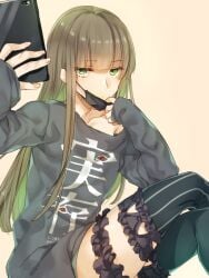 adorable asymmetrical_legwear blunt_bangs cute face_mask femboy green_eyes gretel_(sinoalice) long_hair long_sleeves looking_at_viewer male_focus no_pants shirt sinoalice t-shirt teroru thighhighs trap