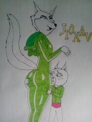 2girls anthro ass ass_grab big_ass big_butt bodysuit canid canine clothing female fluffy fluffy_tail fur green_clothing hi_res illumination_entertainment jioxav nooshy on_back porsha_crystal simple_background sing_(movie) sing_2_(movie) sketch tail thick_thighs traditional_media_(artwork) white_fur wolf young yuri