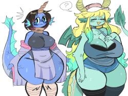 2girls ? anthro big_breasts black_hair blue_eyes blue_skin blush bra breasts cleavage clothed clothing dragon duo elma_(dragon_maid) eyes_closed female female_only fur green_fur hair hat hips horn horns huge_breasts huge_thighs kimono long_hair miss_kobayashi's_dragon_maid puppychan quetzalcoatl_(dragon_maid) scales scalie shiny_skin short_hair shorts simple_background smile speech_bubble tagme tail tank_top thick_thighs thighhighs thighs voluptuous white_background wide_hips yellow_hair