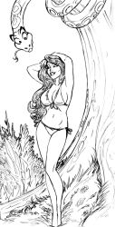 bikini black_hair eva_the_temptress_(eisentod) female jungle monochrome original outdoor outside sketch snake stvkar tree