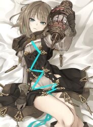 1boy androgynous bangs bed_sheet cage cleavage_cutout clothing_cutout cute dress eyebrows_visible_through_hair femboy flat_chest gloves green_eyes gretel_(sinoalice) groin happy_turn2 holding juliet_sleeves light_brown_hair long_hair long_sleeves looking_at_viewer lying lying_on_back male_focus on_back parted_lips puffy_sleeves sinoalice solo trap