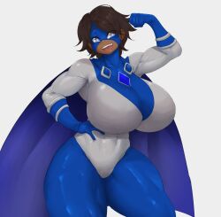 1girls big_breasts blue_eyes breasts brown_hair cape dark-skinned_female dark_skin female female_only flexing front_view full_body_suit fully_clothed large_breasts mask monkeywithaafro muscular muscular_female original original_character pose seaworthy short_hair smile smiling solo solo_female superhero superhero_cape superheroine tagme thick_thighs thighs toned toned_female voluptuous white_background