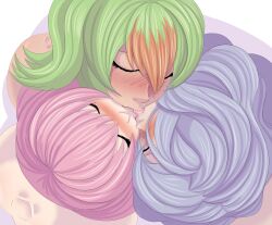 3girls ass blush camilla_(fire_emblem) closed_eyes completely_nude female_only fire_emblem fire_emblem_fates fire_emblem_heroes french_kiss from_above green_hair group_kissing gunnthra_(fire_emblem) hair_over_one_eye karuro-kun kissing laegjarn_(fire_emblem) long_hair multicolored_hair multiple_girls nintendo nude nude_female pink_hair purple_hair saliva short_hair tongue tongue_out triple_kiss yuri