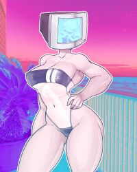 1girls bikini cleavage curvy gris_swimsuit hand_on_hip limited_palette meme_attire noodledoodles ocean one-piece_swimsuit outline palm_tree photo_background serahmoon_(vtuber) solo swimsuit tv tv_head vaporwave virtual_youtuber