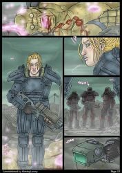 1girls 3boys armor bethesda_softworks comic fallout fallout_(series) female_human gun helmet human imminent_rape male_human nikraria page_2 page_number power_armor sarah_lyons super_mutant weapon