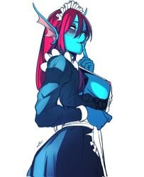 anthro athletic_female blue_skin clauschristmas2 dress fish flashing long_hair looking_at_viewer maid marine medium_breasts one_breast_out presenting_breasts scalie shh showing_breasts standing undertale undyne