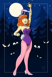 1girls alternate_costume atomictiki being_watched breasts bunny_ears bunny_tail choker clothed clothing daphne_blake eyes female forest full_moon hanna-barbera moon night outdoors playboy_bunny red_hair scooby-doo smile solo wink