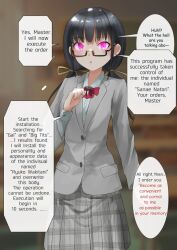 black_hair braided_hair close_rim_open glasses hypnosis mind_control pink_eyes ribbon school_uniform twin_tails