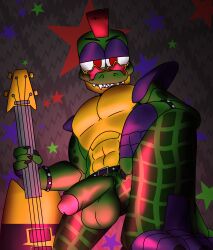 abs abstract_background absurd_res alligator alligatorid animatronic balls belt big_penis clothing crocodilian eyewear fingerless_gloves five_nights_at_freddy's five_nights_at_freddy's:_security_breach flaccid genitals gloves handwear hi_res humanoid_genitalia humanoid_penis looking_at_viewer machine male male_only mohawk montgomery_gator_(fnaf) muscular musical_instrument pecs penis red_eyes reptile robot scalie scottgames sharp_teeth shoulder_pads solo sunglasses t6ktal teeth video_games