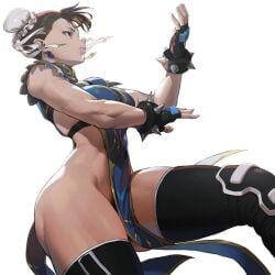 artista bracelet bracelets breasts capcom chun-li ear_piercing earrings gloves hair hair_bun loped muscular no_bra no_panties no_pants no_underwear pelvic_curtain rulecam side_view simple_background sleeveless spiked_bracelet street_fighter tagme thick_thighs thighhighs thighs