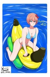 amrak banana blue_eyes blush cleavage doki_doki_literature_club female in_water just_sayori looking_at_viewer looking_up pool_toy red_hair_bow sayori_(doki_doki_literature_club) smiling straddling strawberry_blonde_hair swimsuit text