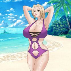 1girls arms_behind_back arms_behind_head arms_up bare_legs bare_shoulders beach big_breasts blonde_hair breasts brown_eyes busty center_opening cleavage curvaceous curvy curvy_body curvy_female curvy_figure facial_mark female female_only forehead_mark hourglass_figure huge_breasts light-skinned_female light_skin lipstick long_hair makeup mature mature_female mature_woman naruto naruto_(series) naruto_shippuden ocean one-piece_swimsuit outdoors pinup posing purple_swimsuit sand shiny shiny_hair shiny_skin shore solo solo_focus sutokatsu swimsuit tsunade voluptuous water wide_hips