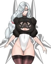 1girls aqua_eyes ass_visible_through_thighs belly_button boob_window cleavage cosplay cropped_legs crossover_cosplay genshin_impact hair_over_one_eye half-closed_eyes large_breasts leotard long_hair navel nier:_automata noodledoodles shenhe_(genshin_impact) simple_background standing stockings thigh_gap thong_leotard tight_leotard white_hair white_thong_leotard yorha_2b_(cosplay)