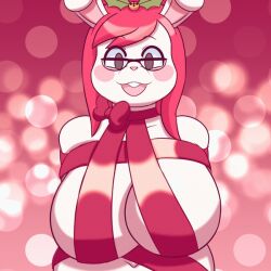 1:1 2021 2d animated anthro big_breasts blush bouncing_breasts breasts christmas eyewear female fur gif gift_wrapped glasses hair holidays lagomorph leporid looking_at_viewer loop mammal open_mouth rabbit red_hair short_playtime solo teeth tentabat white_body white_fur