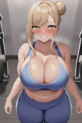 1girls ai_generated bangs bare_arms bare_shoulders belly blonde_hair blush breasts breath brown_hair busty cleavage clothing curvy curvy_figure exhausted eyebrows_visible_through_hair grin gym hair_between_eyes hair_bun hazel_eyes heavy_breathing huge_breasts indoors large_breasts long_hair looking_at_viewer navel novelai original pants plump side_bun sidelocks smile solo sports_bra stable_diffusion standing stomach sweat sweatpants swept_bangs tan_skin thick_thighs thighs voluptuous