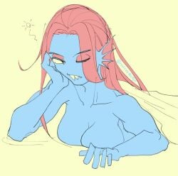 2021 animal_humanoid bed blue_body blue_skin breasts ear_frill fish fish_humanoid frill_(anatomy) furniture hair_down humanoid marine marine_humanoid monyorunrun on_bed one_eye_closed under_covers undertale undertale_(series) undyne waking_up