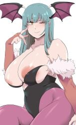 1girls areolae armwear big_breasts capcom clothing darkstalkers large_breasts leotard minakami morrigan_aensland nipple_slip pantyhose partially_clothed pink_pantyhose purple_legwear smile succubus thick_thighs tight_clothing veiny_breasts yellow_eyes