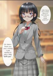 1girls black_hair braid close_rim_open female female_focus female_only glasses offscreen_character offscreen_male purple_eyes school_uniform