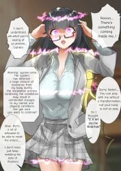 big_breasts bimbo bimbofication black_hair brainwashing breast_expansion close_rim_open glasses hypnosis mind_control pink_eyes plaid plaid_skirt school_uniform skirt tech_control transformation