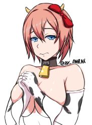 amrak blue_eyes bodypaint covering covering_breasts cow_horns cowbell detached_sleeves doki_doki_literature_club embarrassed embarrassed_female embarrassed_naked_female embarrassed_nude_female enf female got_milk just_sayori looking_at_viewer naked naked_female nude nude_female red_hair_bow sayori_(doki_doki_literature_club) strawberry_blonde_hair