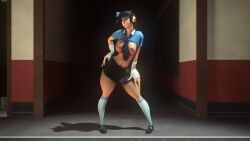 cap corridor female femscout hips looking_at_viewer miniribbons no_bra ponytail posing rule_63 shirt_lift skirt smug_face stockings team_fortress_2 thighs