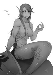 abs female fish large_breasts long_hair marine mermaid monochrome sitting solo topless torotale undertale undyne