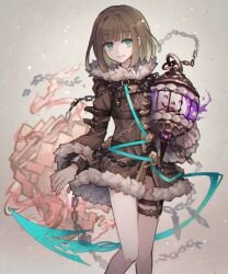 1boy bangs beige_background brown_hair brown_jacket cage chains femboy fur-trim fur-trimmed_jacket fur_trim green_eyes gretel_(sinoalice) grin hair_between_eyes jacket long_hair looking_at_viewer male_focus male_only no_panties shima_h simple_background sinoalice smile teeth trap