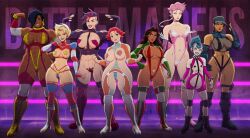 6+girls 8girls amelia_(battle_maidens) athletic athletic_female battle_maidens big_breasts black_hair blonde_hair blue_eyes boots breasts brown_body brown_hair brown_skin busty cleavage clothing crisisbeat dark-skinned_female dark_skin digital_drawing_(artwork) digital_media_(artwork) dominique_(battle_maidens) ear_piercing earrings female female_only fit fit_female gloves grace_graham hilde_jansen hips hourglass_figure huge_breasts karen_morris la_tormenta large_breasts latina legs light-skinned_female light_skin lips lipstick lisa_zenigata long_hair maria_mendoza medium_breasts multiple_girls muscular muscular_female naomi_(battle_maidens) original original_character partially_clothed piercing ponytail pumpkin_pie_grace purple_hair shoes short_hair shortfuse_amelie sketch skimpy skimpy_clothes small_breasts strap straps thighs toned toned_female voluptuous white_body wrestler wrestling wrestling_outfit