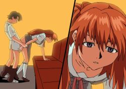 1boy asuka_langley_sohryu bangs brown_hair clothed_sex clothes_lift clothing doggy_style female glasses holding_hands kensuke_aida neon_genesis_evangelion no_panties sex standing_sex straight