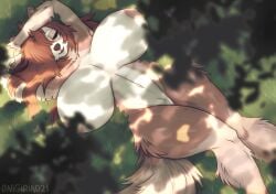 2021 absurd_res anthro artist_name big_breasts breasts brown_body brown_fur canid canine canis closed_eyes countershading detailed_background digital_drawing_(artwork) digital_media_(artwork) female fur grass hair hi_res huge_breasts leaf long_hair lying lying_on_ground mammal nipples nude on_back onigiriad open_mouth outside pink_nipples plant relaxing shaded solo wolf