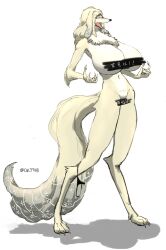 absurd_res anthro artist_name big_breasts blonde_hair breasts canid canine cat771115 censored clothing female fur hair hi_res huge_breasts mammal panties panties_around_one_leg simple_background solo underwear underwear_around_one_leg white_background