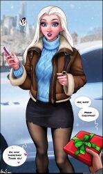 !? 1girls absurd_res aroma_sensei artist_signature aviator_jacket blonde_hair blue_eyes bomber_jacket breasts busty car city_background disney earrings elsa_(frozen) english_text faceless_male female frozen_(film) fur_trim highres horny large_breasts open_jacket outdoors pantyhose patreon_username platinum_blonde_hair skin_tight skirt smartphone snow speech_bubble text tight_clothing tight_fit tight_skirt tights white_hair winter