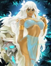 armlet atlantis:_the_lost_empire blue_eyes disney kida large_breasts loincloth long_hair looking_at_viewer mask necklace royalty tattiart voluptuous white_hair