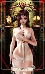 1girls amber_eyes bandeau brown_hair esther-shen holding_weapon hourglass_figure justice justice_(tarot) large_breasts looking_at_viewer original see-through_skirt sword tarot tarot_card