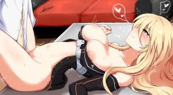 1boy 1girls azur_lane bare_shoulders bismarck_(azur_lane) blonde_hair blue_eyes blush breasts cleavage clothed_sex faceless_male female female_focus hair_over_eyes heart highres kimofest large_breasts long_hair lying missionary_position navel on_back on_table png sex smile solo_focus table thighs