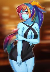 blue_skin blush cleavage_cutout drunk equestria_girls friendship_is_magic iojknmiojknm large_breasts long_hair magenta_hair my_little_pony ponytail rainbow_dash_(eg) rainbow_dash_(mlp) rainbow_hair revealing_clothes short_dress smooth_skin wine wine_glass