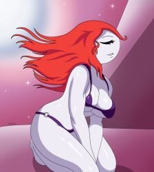 big_ass big_breasts bikini breasts closed_eyes elegant ellie_rose henry_stickmin_(game) kneeling long_hair nobytes_(artist) purple_bikini red_hair smile smiling stickman tagme thick_thighs