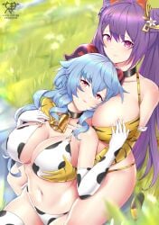 2022 2girls alternate_breast_size artist_logo artist_signature bell_choker bikini blue_hair breast_grab breasts choker cow_print cow_print_bikini female female_only ganyu_(genshin_impact) genshin_impact hair_ornament hi_res horns huge_breasts kaos_art keqing_(genshin_impact) light_blush long_hair looking_at_viewer outdoors png purple_eyes purple_hair smile tiger_print tiger_print_bikini twintails yuri