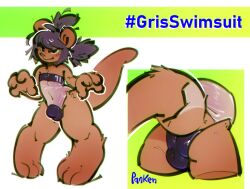 anthro ass balls_outline bulge clothing detailed_bulge genital_outline genitals girly gris_swimsuit hi_res lutrine male mammal mischievous_smile mustelid panken smile solo standing swimwear twintails