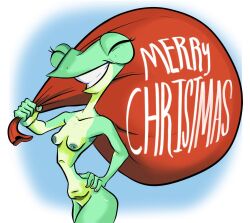 amphibian anthro biphony_(rubbish_chameleon) breasts christmas female frog hi_res holidays rubbish_chameleon slim smile solo thick_thighs