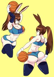 2022 arm_warmers basketball basketball_uniform big_ass big_breasts brown_hair bubble_butt bunny_ears bunny_girl fat_ass gloves grabbing_own_ass heart-shaped_pupils lola_bunny_(cosplay) long_hair looking_at_viewer looking_back looking_back_at_viewer ponytail rwby shiny_skin short_shorts sideboob space_jam sports_uniform sportswear thick_thighs thighhighs tkb_nsfw underboob velvet_scarlatina