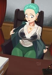 1girls artist_name barleyshake big_breasts black_bra bra breasts chair cleavage clothed clothing cloudy_sky coat curtains curvy desk digital_media_(artwork) earrings female female_only frown green_coat green_hair green_pants hair hi_res highres indoors inside jacket jewelry large_breasts light-skinned_female light_skin lipstick looking_down mature_female mayor mayor_mcdaniels necklace office_chair pants paper pen rain raining red_lips red_lipstick see-through see-through_clothing short_hair signature sitting solo solo_female south_park thick_thighs thighs water_drop watermark wet wet_clothes wet_hair white_jacket wide_eyed wide_hips