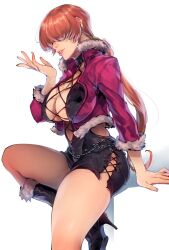 boots breasts choker cleavage cleavage_cutout clothing_cutout commentary female fur_trim hair_over_eyes high_heel_boots high_heels highres jacket kin_mokusei king_of_fighters king_of_fighters_xv large_breasts miniskirt platform_heels ponytail red_hair shadow shermie_(kof) short_hair sitting skirt solo thighs